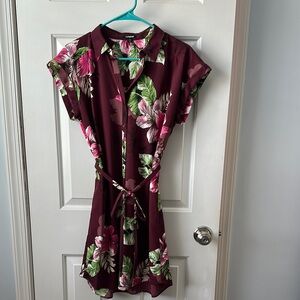 Express Red and Green Wrap Sundress with Mandarin Collar